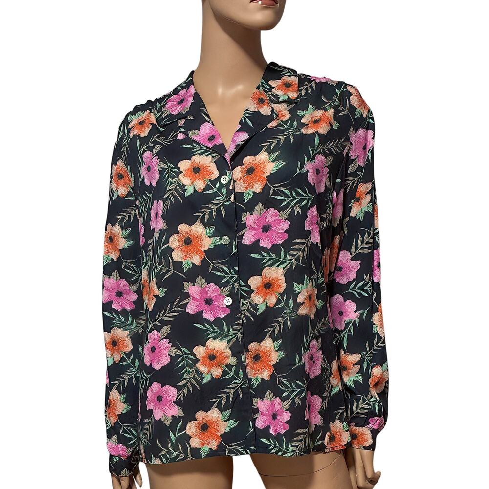 Vintage Vera Floral Blouse Size 12 Made in USA Black Pink Orange Top